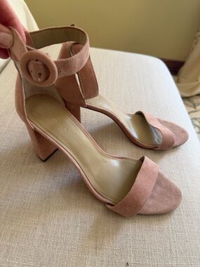 Ann Taylor Blush Suede Block Heel Sandals with Ankle Strap and Buckle